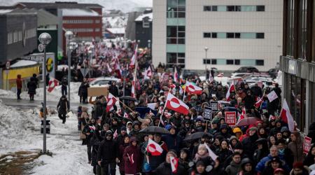 People take part in a protest against President Trump’s demand that the Arctic island be ceded to the US, in Nuuk, Greenland. Photo taken on January 17, 2026. 