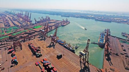 An aerial view of a container terminal at the Port of Tianjin in Tianjin, China. 