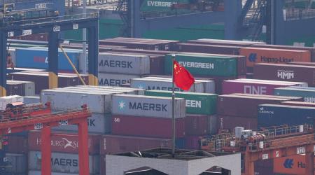 RC20MHALR2RM: The national flag of China flutters at the Yantian port in Shenzhen, Guangdong province, China. Photo taken on October 30, 2025. 