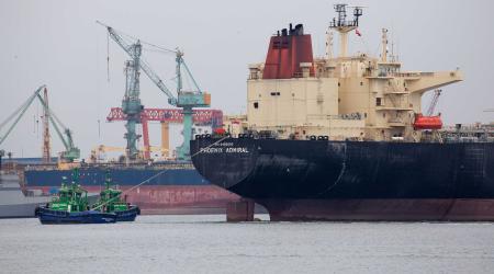 Container and cargo ships are docked, as the Strait of Hormuz remains effectively closed. Photo taken on March 13, 2026. 