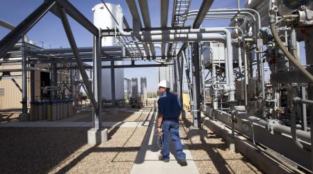 A plant operator at the Federal Helium Reserve, walks through the Federal Crude Helium Enrichment Unit near Amarillo, Texas. Photo taken on July 6, 2011. 