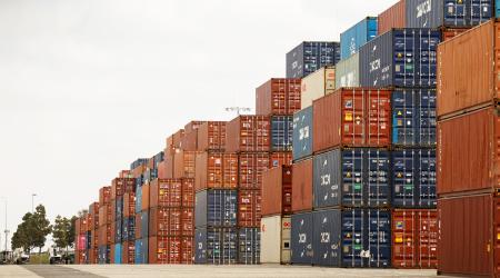 Stacked shipping containers are shown at the port of Los Angeles in Long Beach, California. Photo taken on March 10, 2026. 