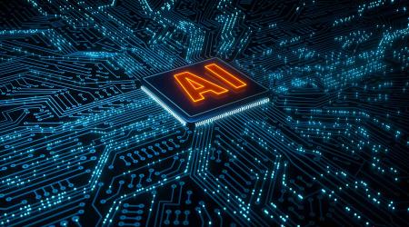 An illustration of a circuit board depicting AI learning and processing big data. 