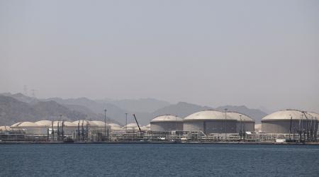 Oil containers are pictured at the Port of Fujairah, as the war in the Middle East limits marine traffic in the Strait of Hormuz. Photo taken in Fujairah, UAE on May 6, 2026. 