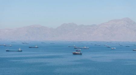  Vessels anchored at the Strait of Hormuz, as seen from Musandam, Oman. Photo taken on May 25, 2026. 