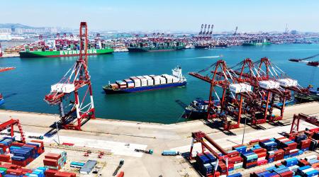 A cargo ship loaded with foreign trade containers enters Qingdao Port in  Shandong Province, China. Photo taken on May 29, 2026. 