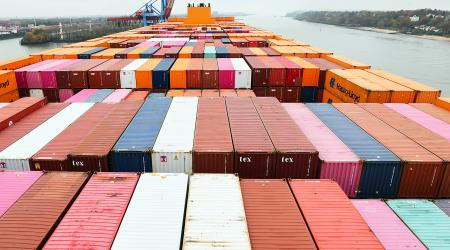 View seen from above the cargo deck of a container ship. November 2024. DPA/Christian Charisius