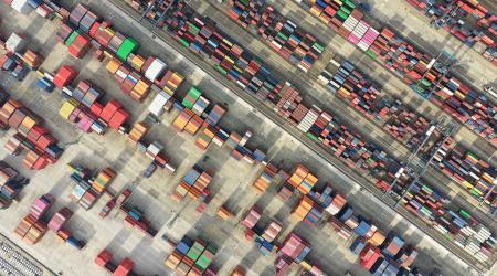 An aerial photo shows containers at a terminal in China. December 2025.