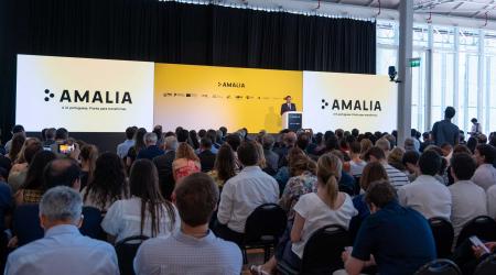 People attend an event presenting AMALIA, the new Portuguese Large Language Model artificial intelligence initiative, in Lisbon, Portugal. July 2026. 