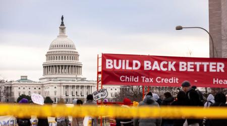 People demand that Congress pass provisions for the care economy at the US Capitol on December 6, 2021. 