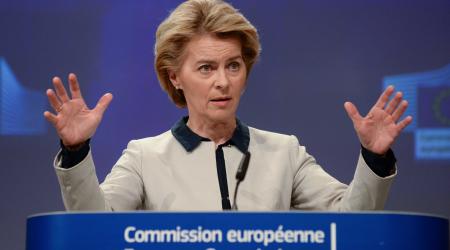 EU Commission President Ursula von der Leyen presents the EU executive's economic response to the coronavirus epidemic, in Brussels, Belgium March 13, 2020. 