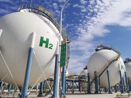 Hydrogen storage tanks are pictured at the mega green hydrogen plant in Kuqa, China. Picture taken on August 26, 2023. 