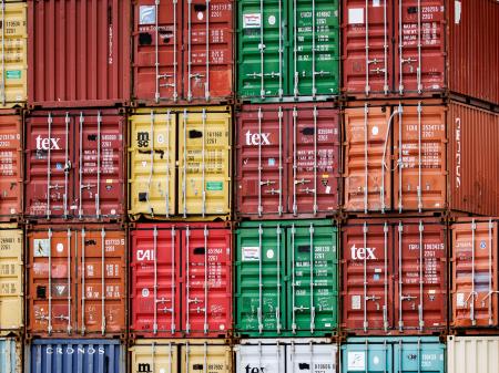 Shipping containers are seen stacked in the container yard at the Port of Baltimore, Maryland. Picture taken on April 12, 2025. 