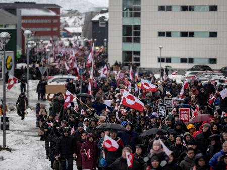 People take part in a protest against President Trump’s demand that the Arctic island be ceded to the US, in Nuuk, Greenland. Photo taken on January 17, 2026. 
