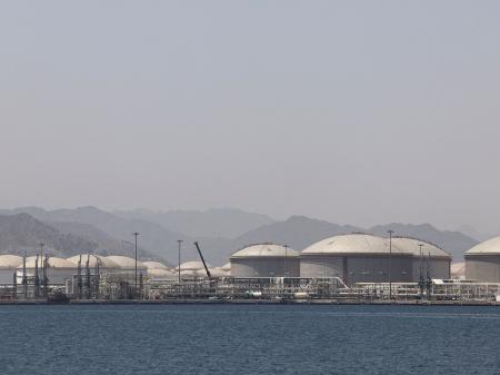 Oil containers are pictured at the Port of Fujairah, as the war in the Middle East limits marine traffic in the Strait of Hormuz. Photo taken in Fujairah, UAE on May 6, 2026. 