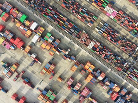 An aerial photo shows containers at a terminal in China. December 2025.