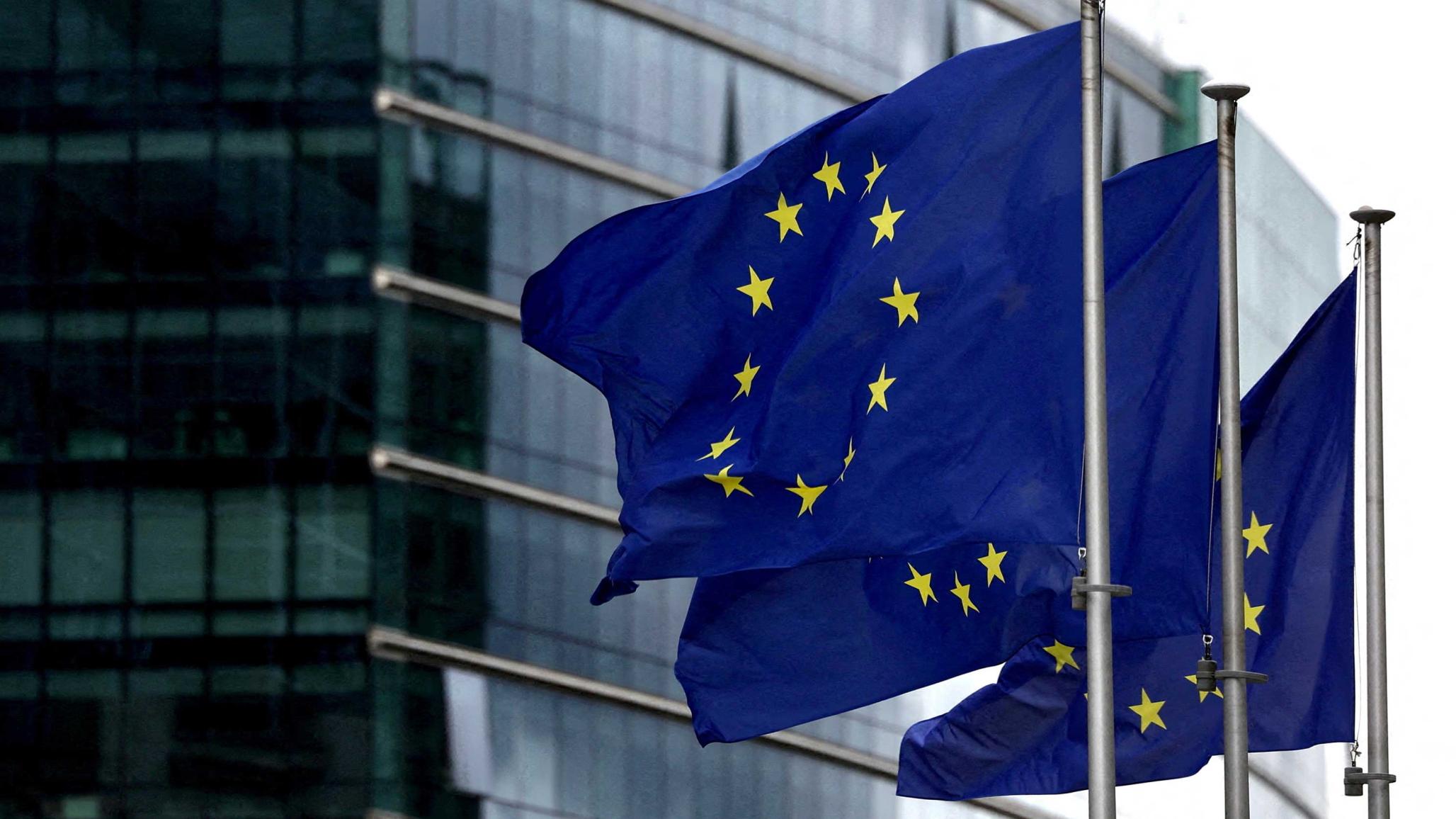 European Union flags in Brussels, Belgium September 20, 2023. 