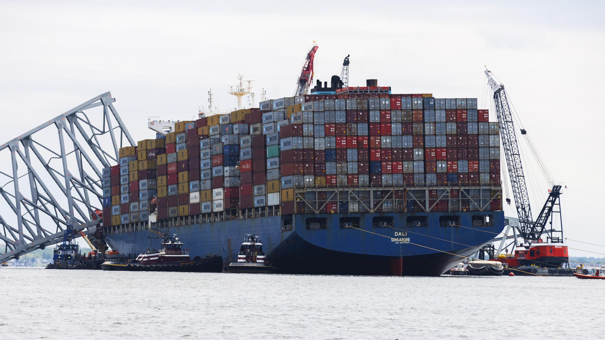 The wreck of Francis Scott Key Bridge and the Dali container ship, outside Baltimore, MD, on April 25, 2024. 