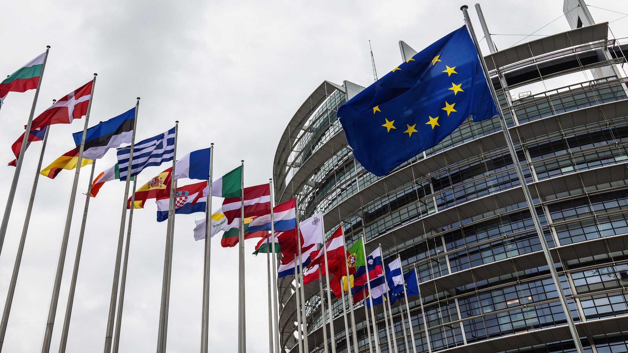 The flags of the EU and member states fly in front of the European Parliament building, Strasbourg, France. May 29, 2024. 