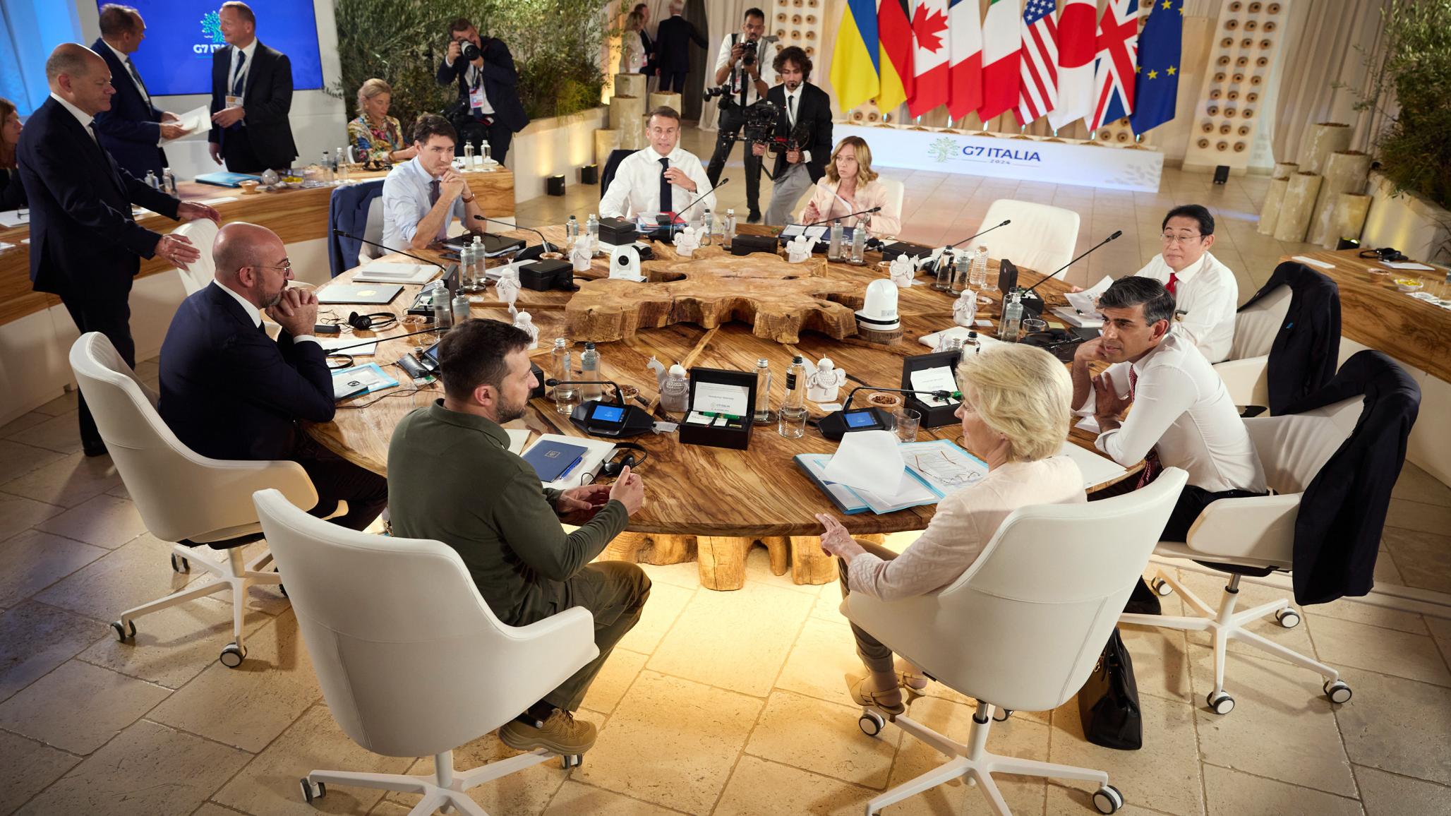 Leaders of the Group of Seven (G7) meet with Ukraine President Volodymyr Zelenskyy at the leaders’ summit meeting at Borgo Egnazia in Fasano, Puglia, Italy, on June 13, 2024.