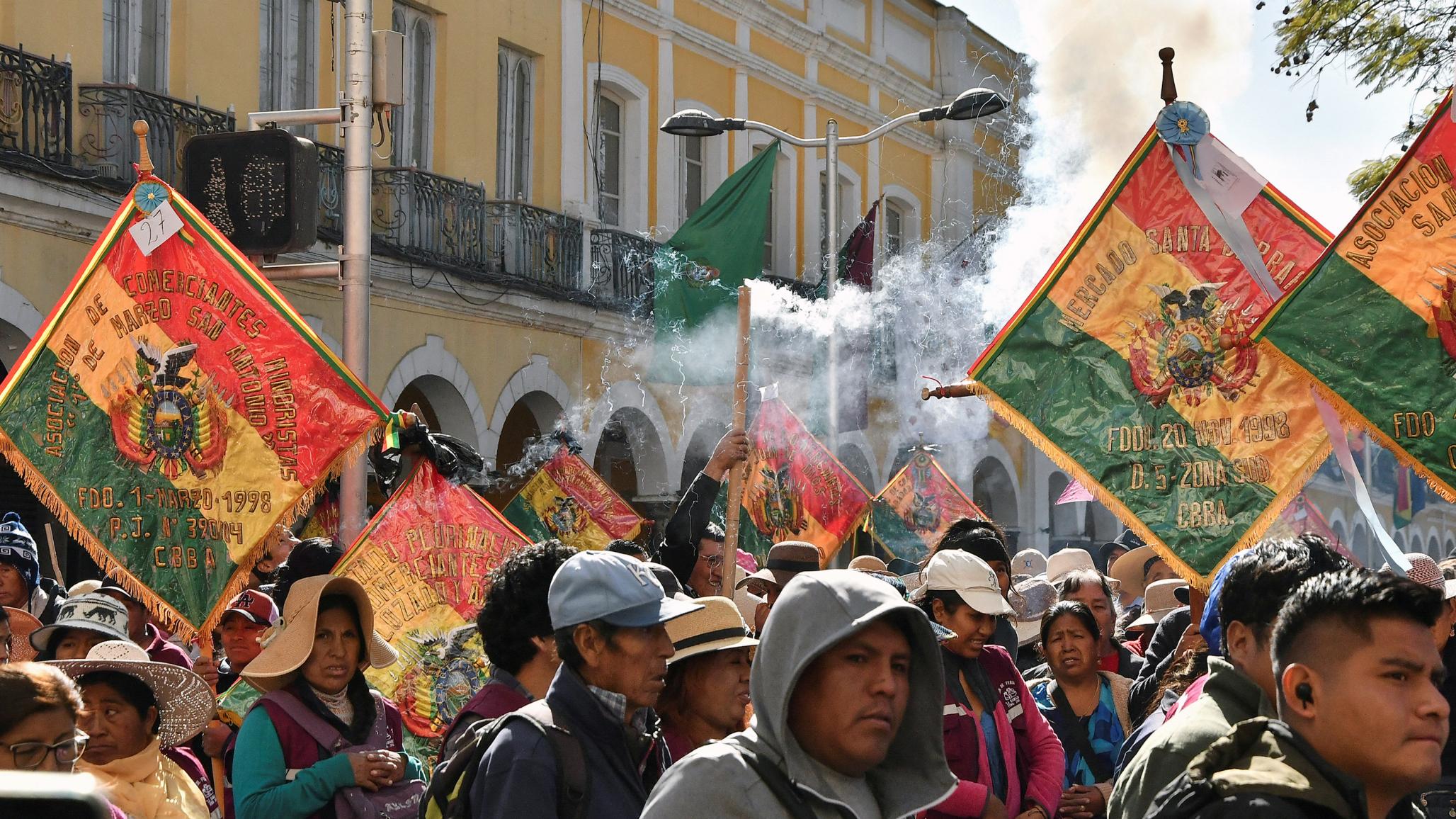 Shopkeepers and members of unions protest over shortages of hard currency and petrol at gas stations, in Cochabamba, Bolivia. Picture taken August 12, 2024.