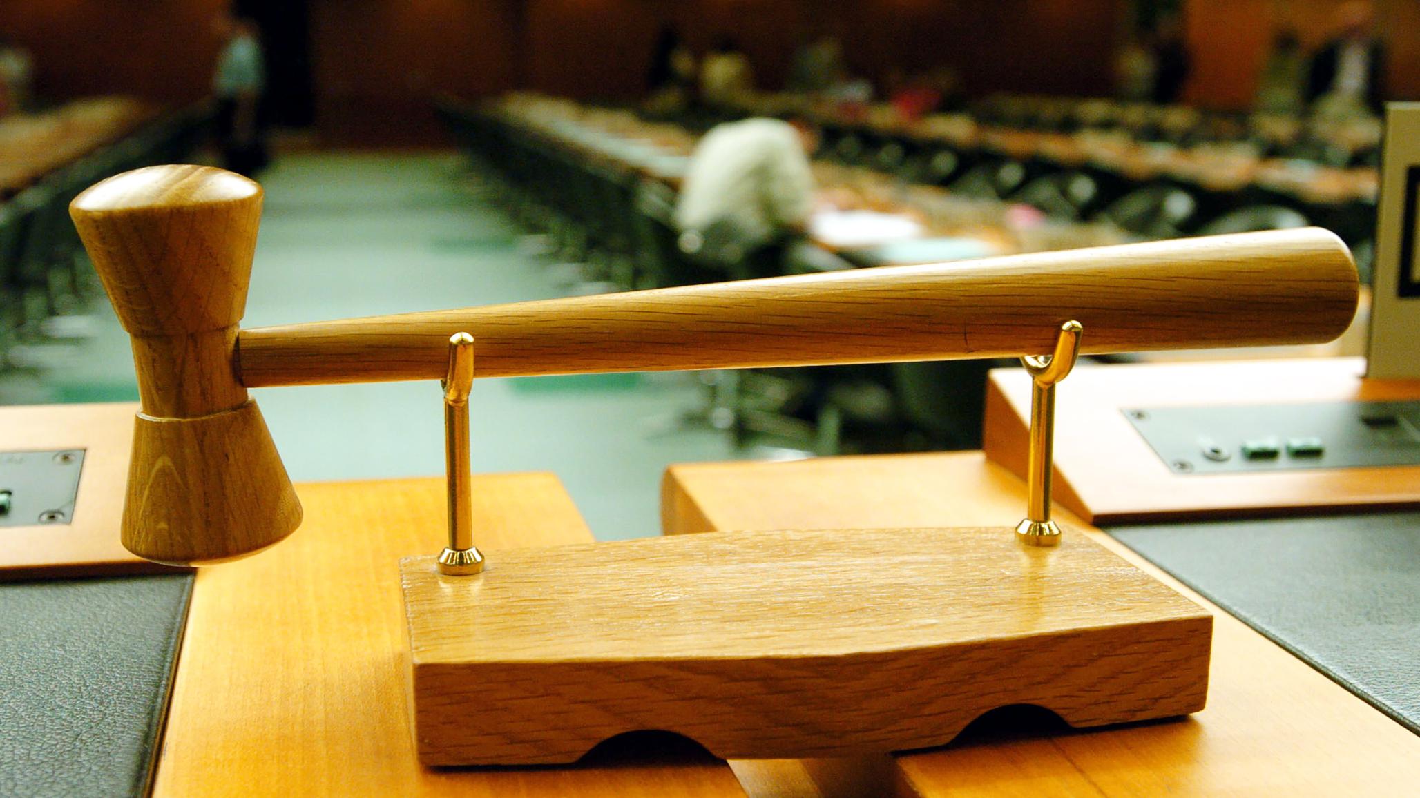The gavel, used to close the debate on trade negotiations, sits on the desk at the WTO headquarters in Geneva.
