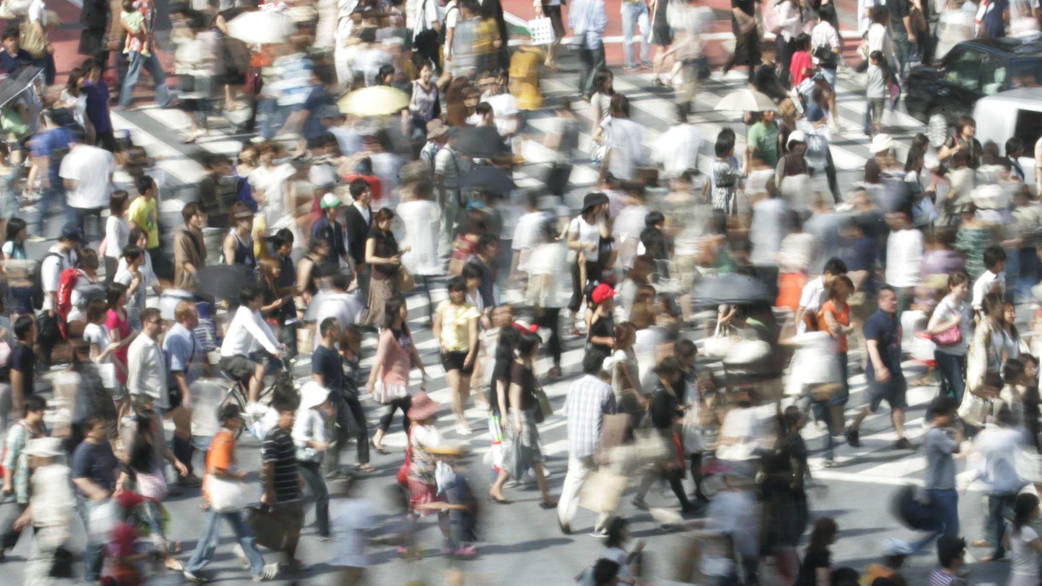 Pedestrians cross the road on a zebra crossing in Tokyo, Japan.