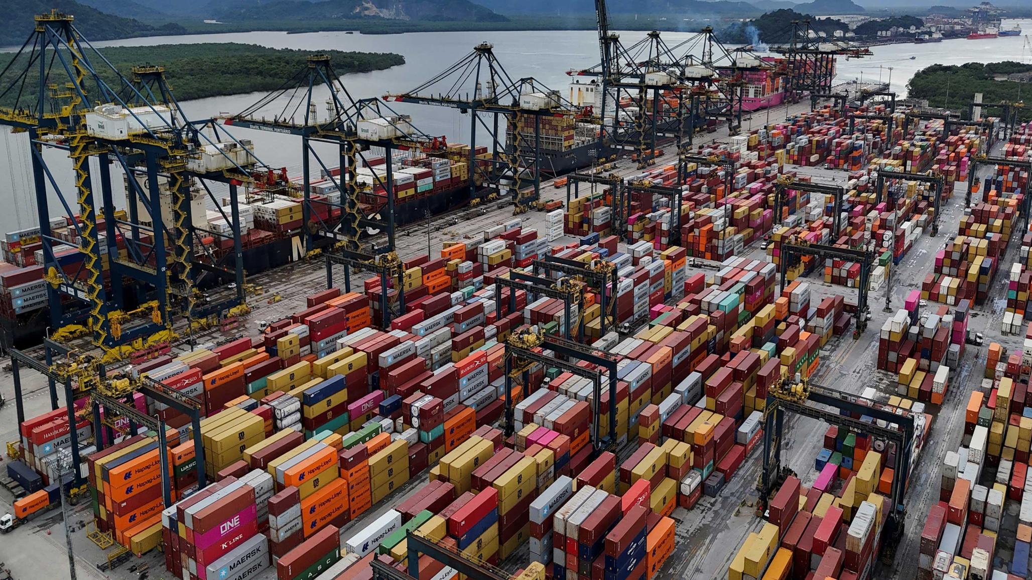 A drone view shows ships and containers at a port in South America. Picture taken on April 3, 2025. 