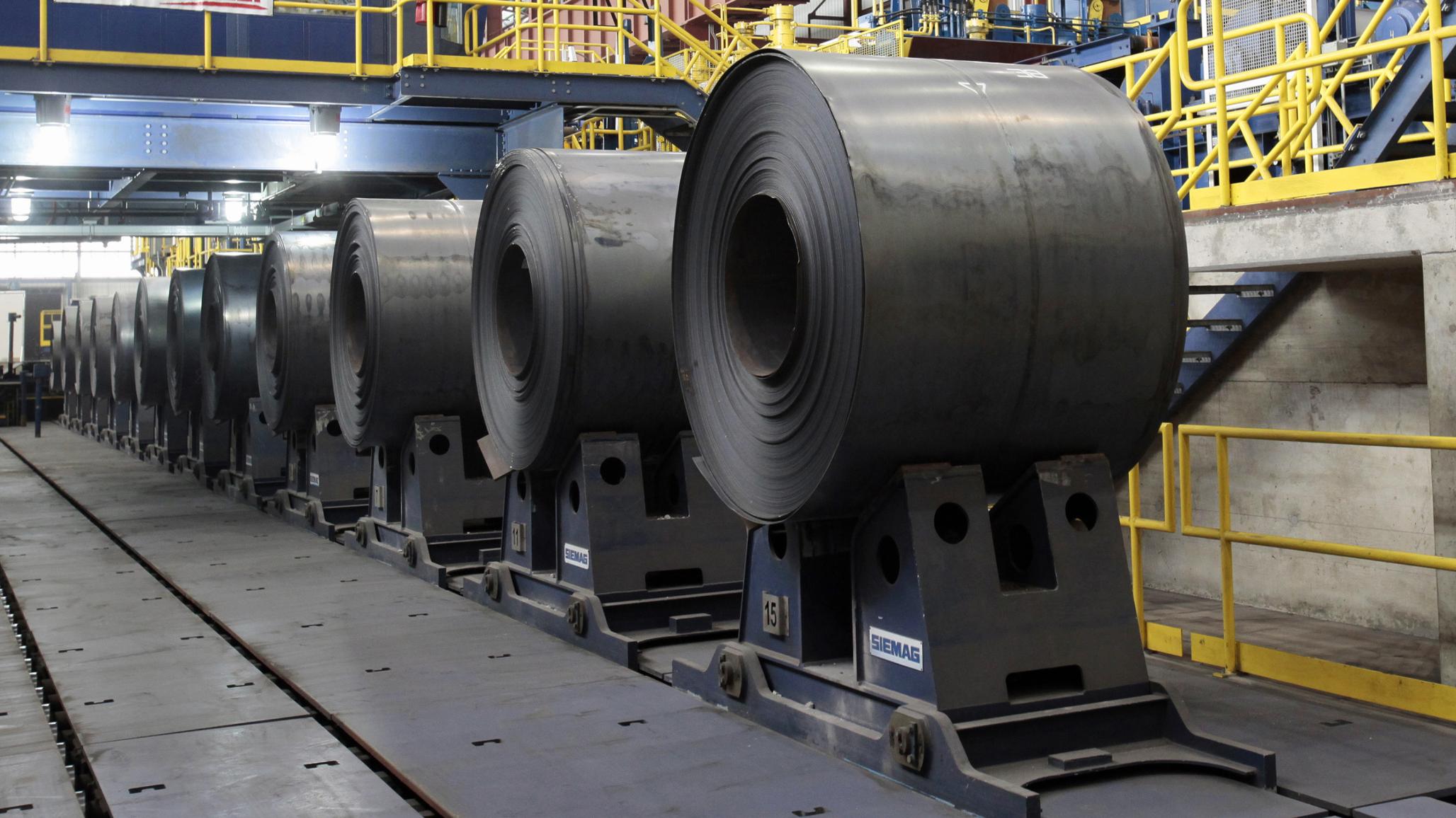 Rolled steel is seen after being treated at a steel mill in Dearborn, Michigan. 