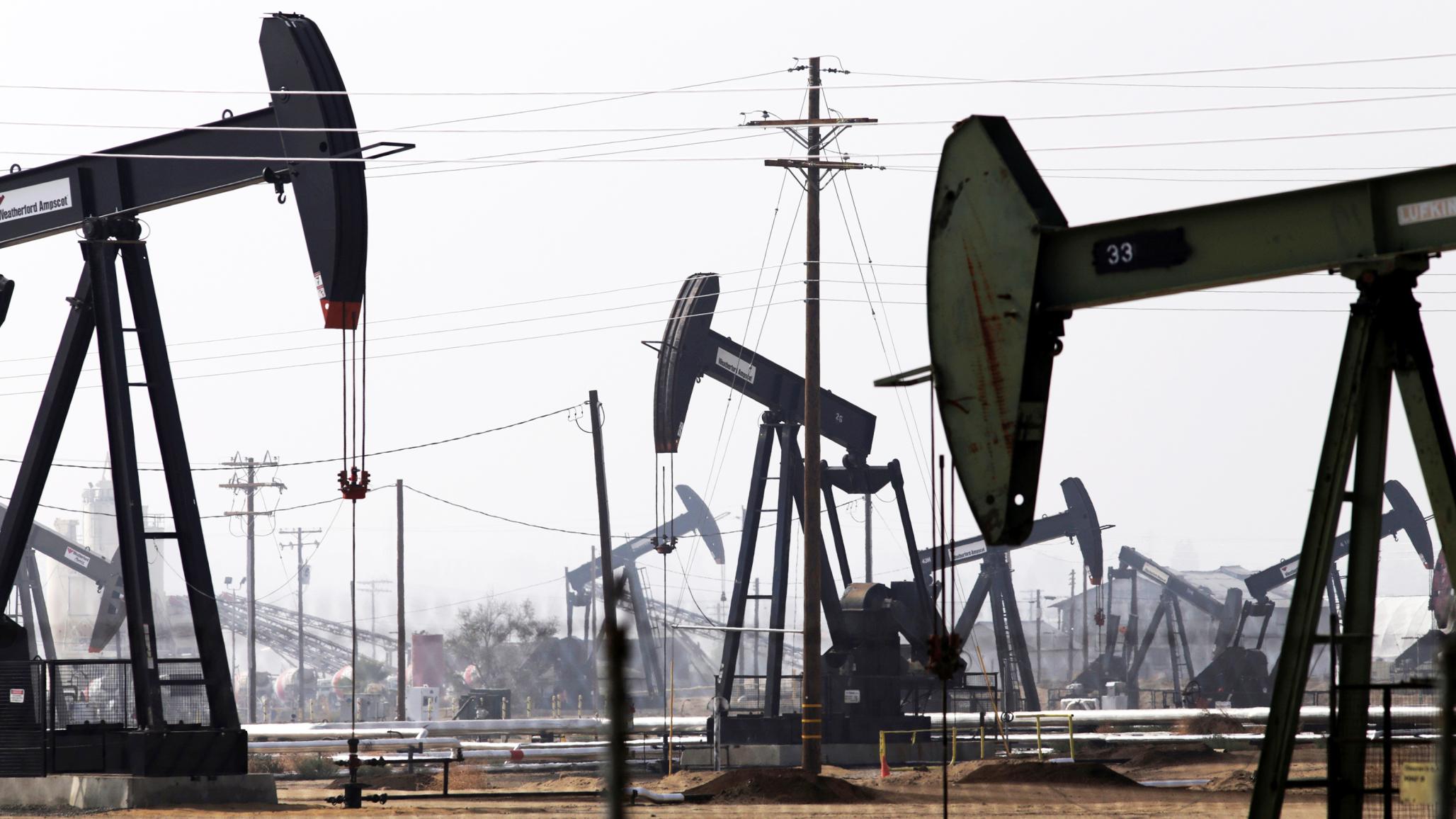 Petroleum pump jacks are pictured in Bakersfield, California. 