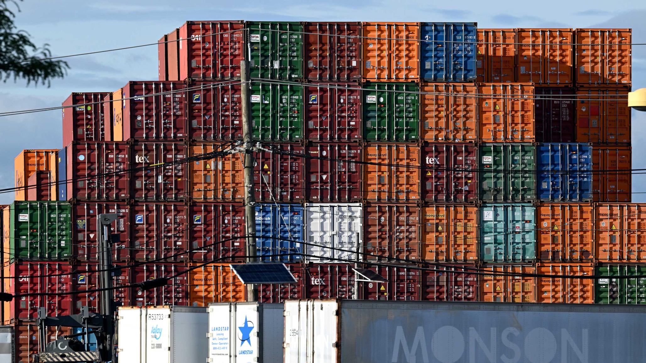 Stacked shipping containers are pictured at a shipping port in New Jersey, as Trump threatens a 50% tariff on imported goods from the EU. Picture taken May 24, 2025. 