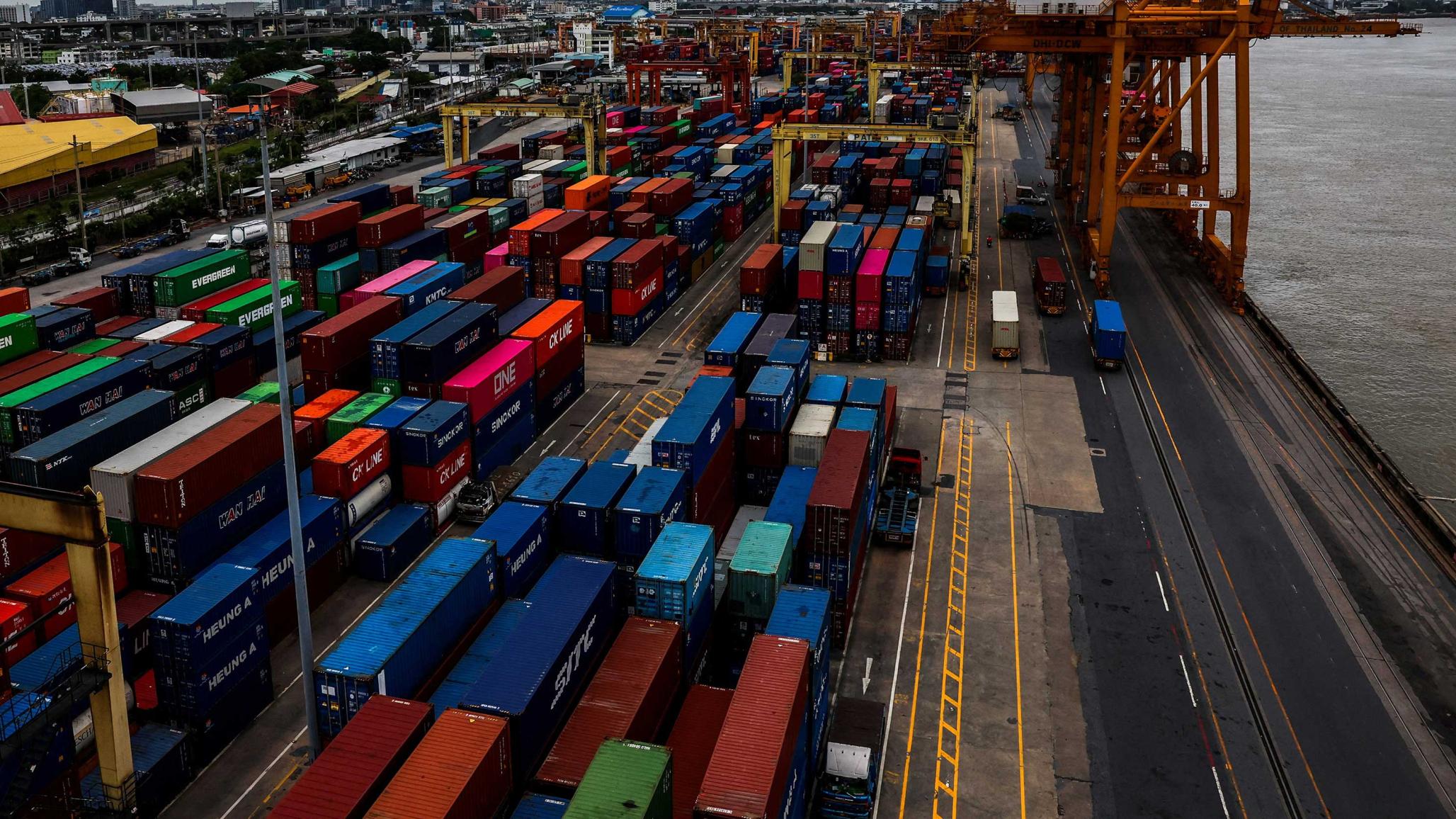 A general view of a port with shipping containers following President Donald Trump's announcement imposing tariffs on imported goods from dozens of countries. Picture taken on July 8, 2025. 