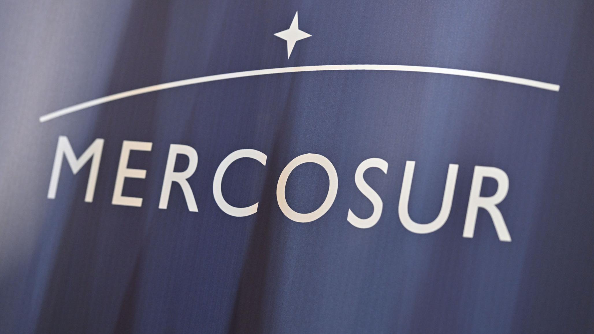 The Mercosur logo is on display at the 65th Mercosur Summit, held between leaders from Mercosur and the EU, where a landmark agreement for a new partnership was reached. Photo taken in Montevideo, Uruguay on December 6, 2024. 