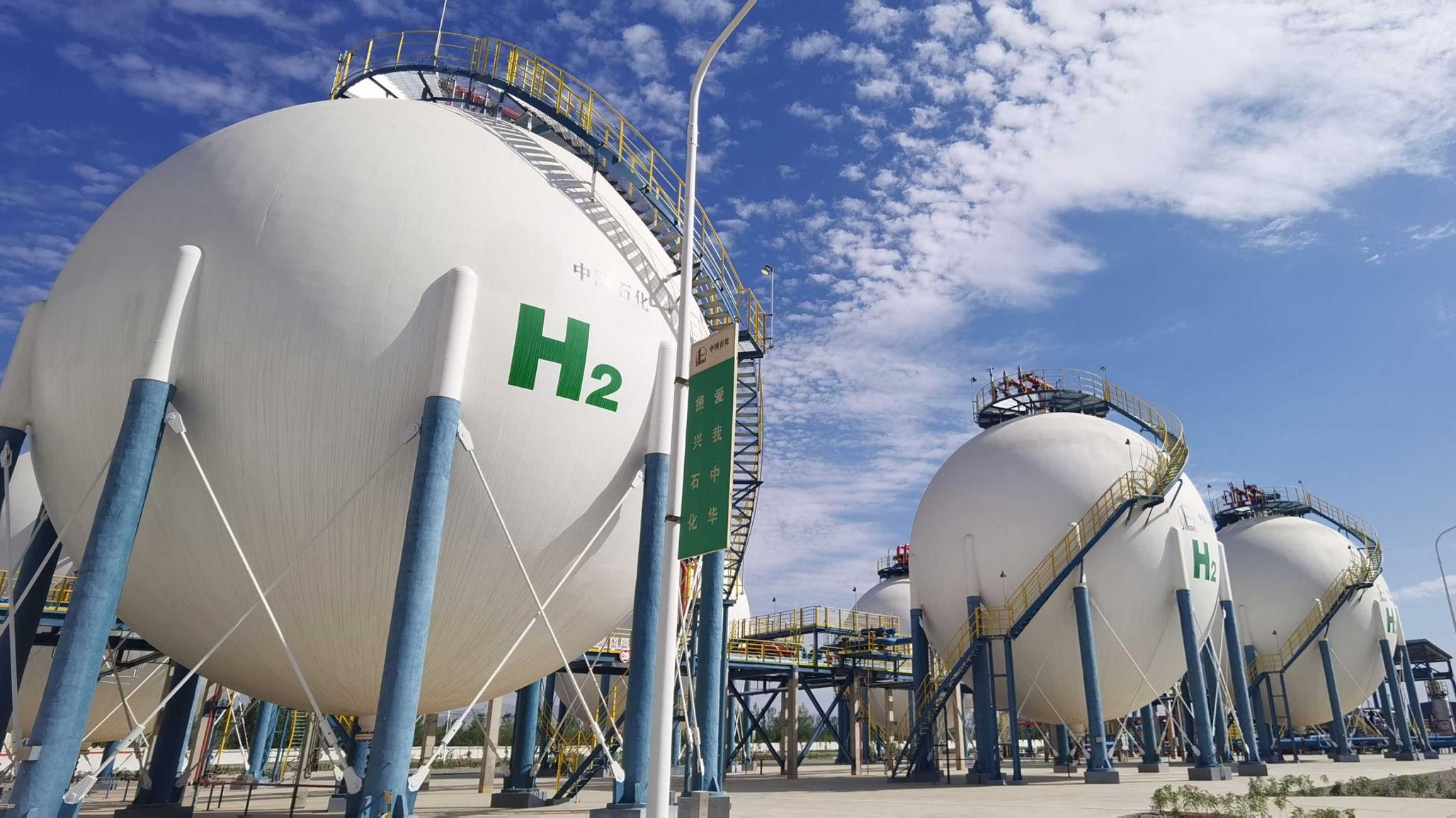 Hydrogen storage tanks are pictured at the mega green hydrogen plant in Kuqa, China. Picture taken on August 26, 2023. 