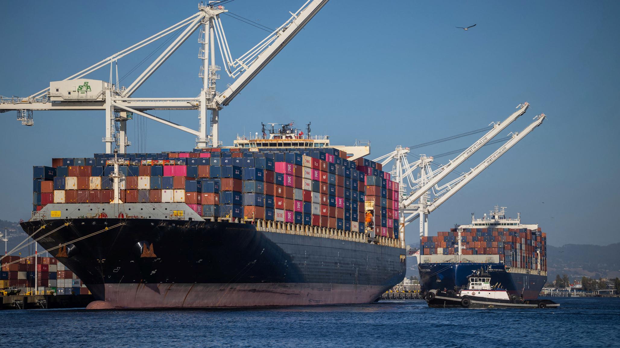 A cargo ship full of shipping containers is seen at the port of Oakland, California, U.S., August 4, 2025.