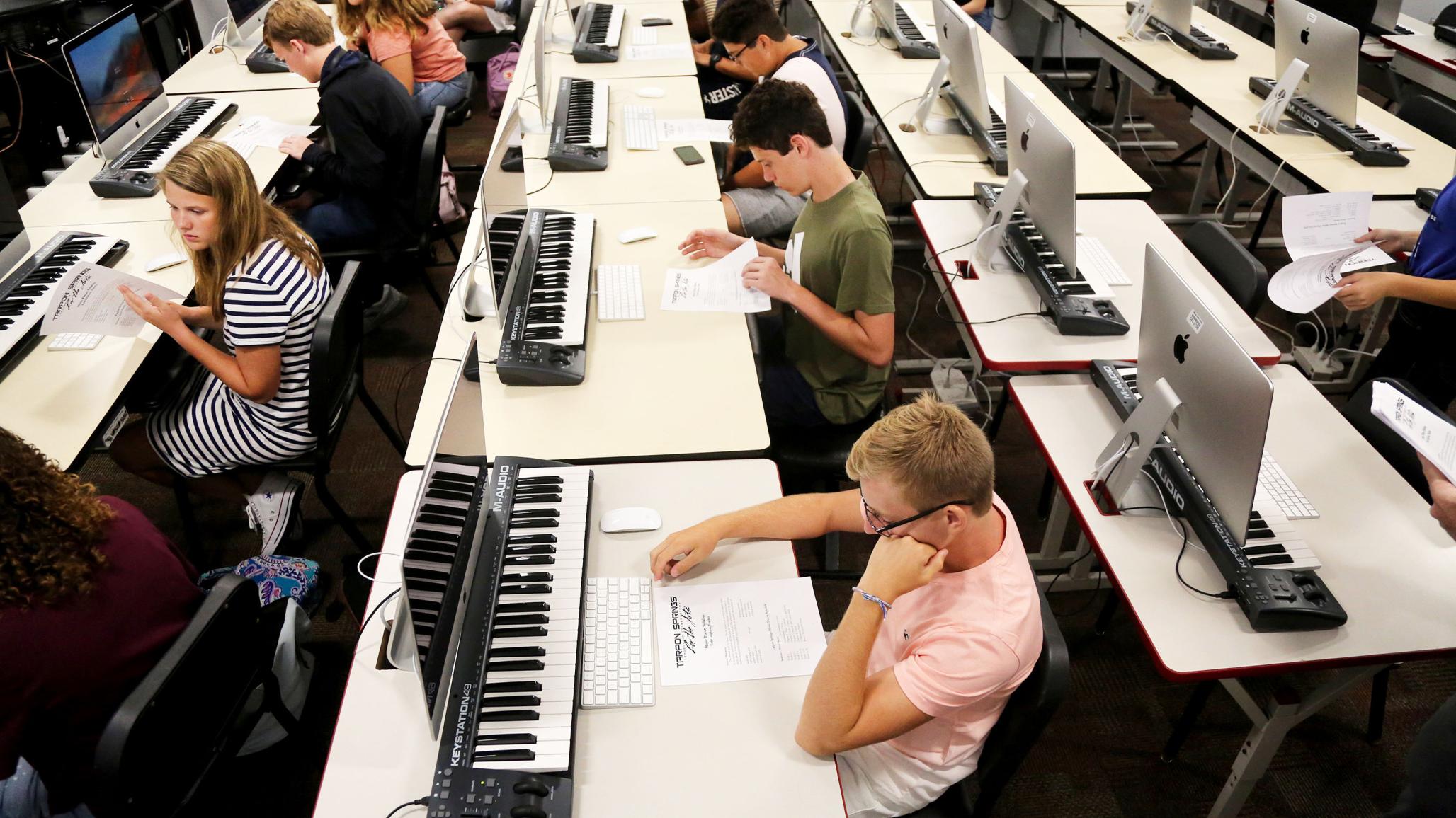Students review the syllabus in Percussion music class on the first day of school in Tarpon Springs HS in Florida. Picture taken on August 14, 2019. 