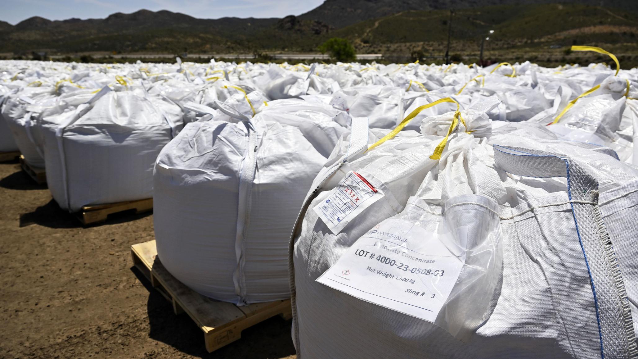 Rare earth mineral concentrate are stored for distribution at the MP Materials mine in Mountain Pass, California. Photo taken on May 9, 2023. 