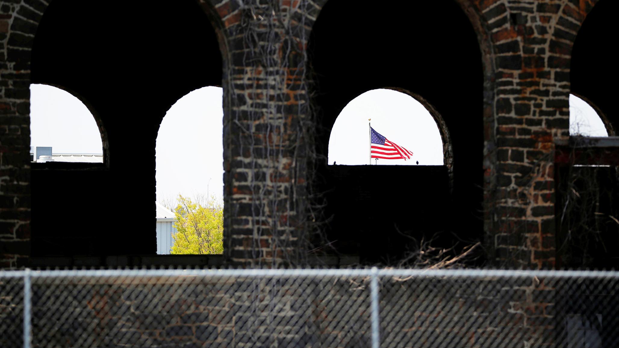 The remaining walls of an abandoned factory in Pennsylvania in 2016.