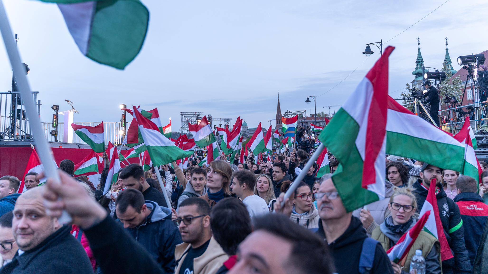 Tisza Party voters await the results of the parliamentary elections in Budapest, Hungary, on April 12, 2026. 
