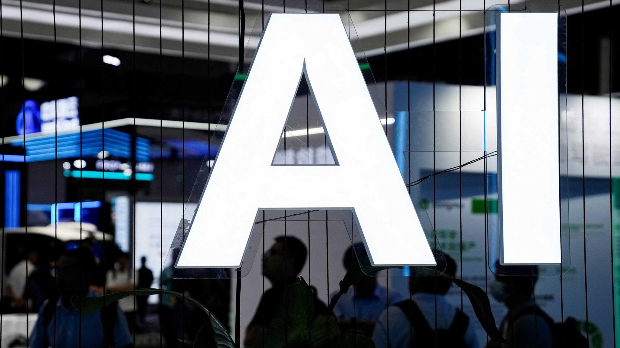 An AI sign is seen at the World Artificial Intelligence Conference in China. Photo taken on July 6, 2023. 