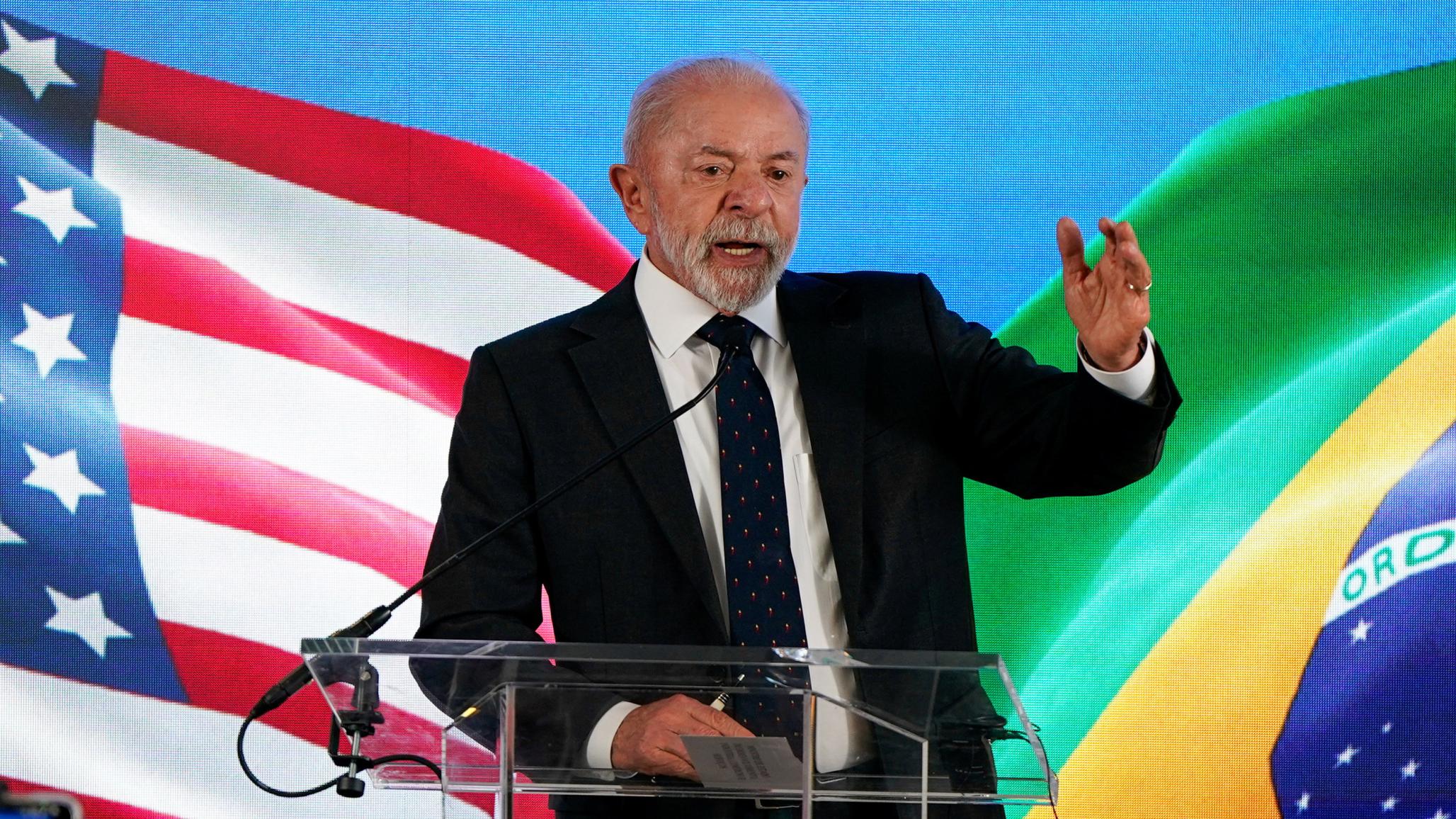 Brazilian President Luiz Inacio Lula da Silva speaks to reporters at the Brazilian Embassy, following his White House meeting with US President Donald Trump, in Washington, DC. Photo taken on May 7, 2026. 