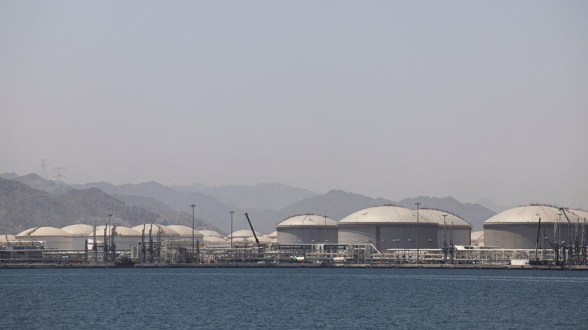 Oil containers are pictured at the Port of Fujairah, as the war in the Middle East limits marine traffic in the Strait of Hormuz. Photo taken in Fujairah, UAE on May 6, 2026. 