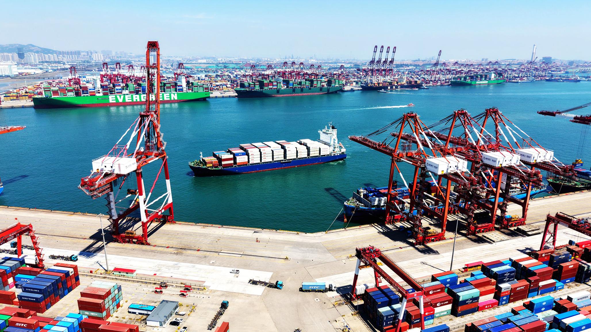 A cargo ship loaded with foreign trade containers enters Qingdao Port in  Shandong Province, China. Photo taken on May 29, 2026. 