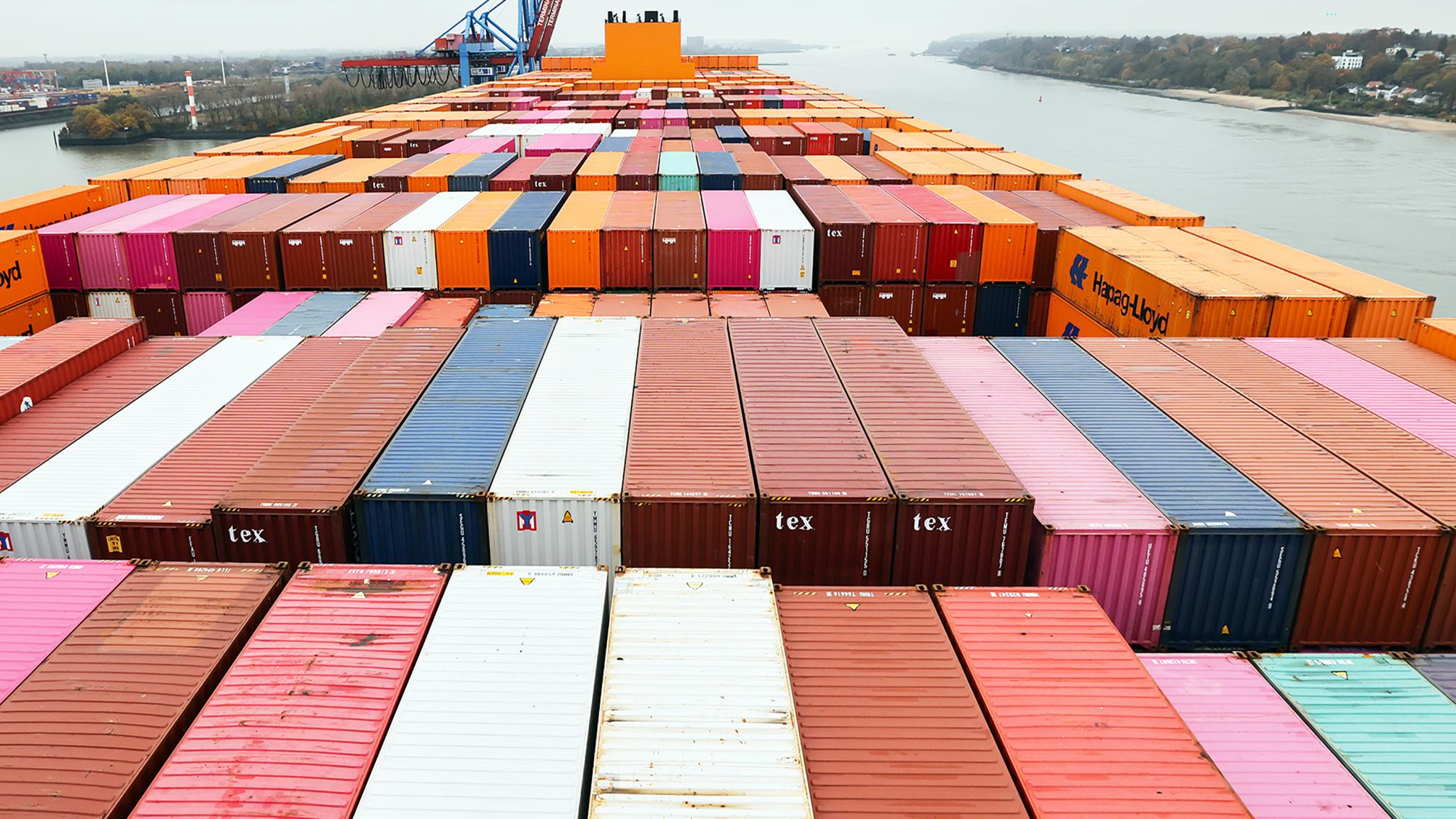 View seen from above the cargo deck of a container ship. November 2024. DPA/Christian Charisius
