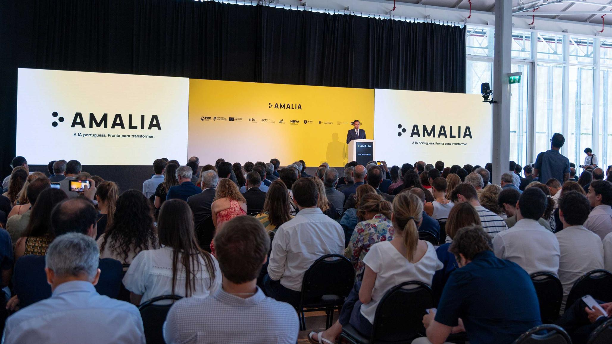 People attend an event presenting AMALIA, the new Portuguese Large Language Model artificial intelligence initiative, in Lisbon, Portugal. July 2026. 
