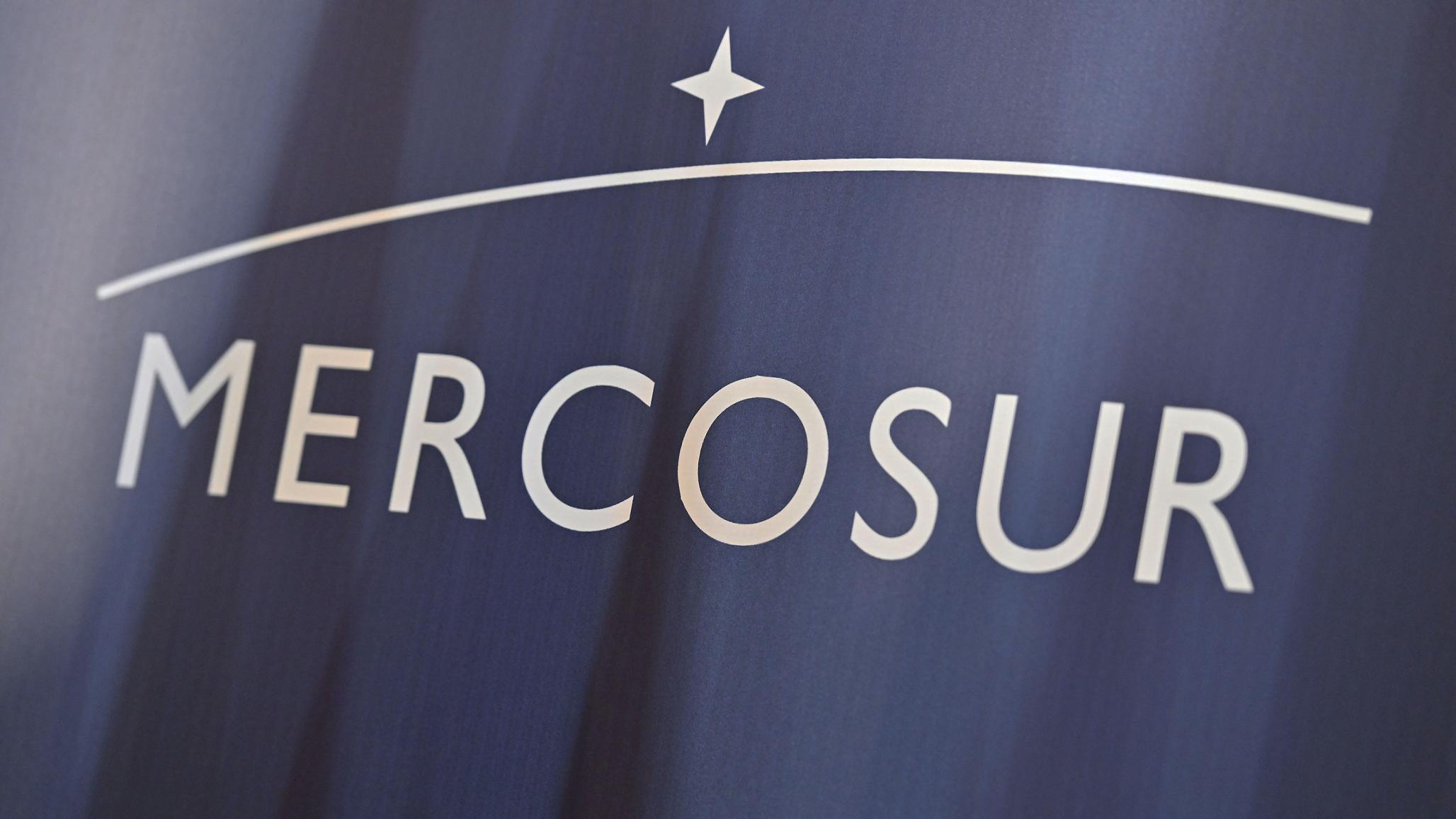 The Mercosur logo is displayed at the 2024 Mercosur Summit. 