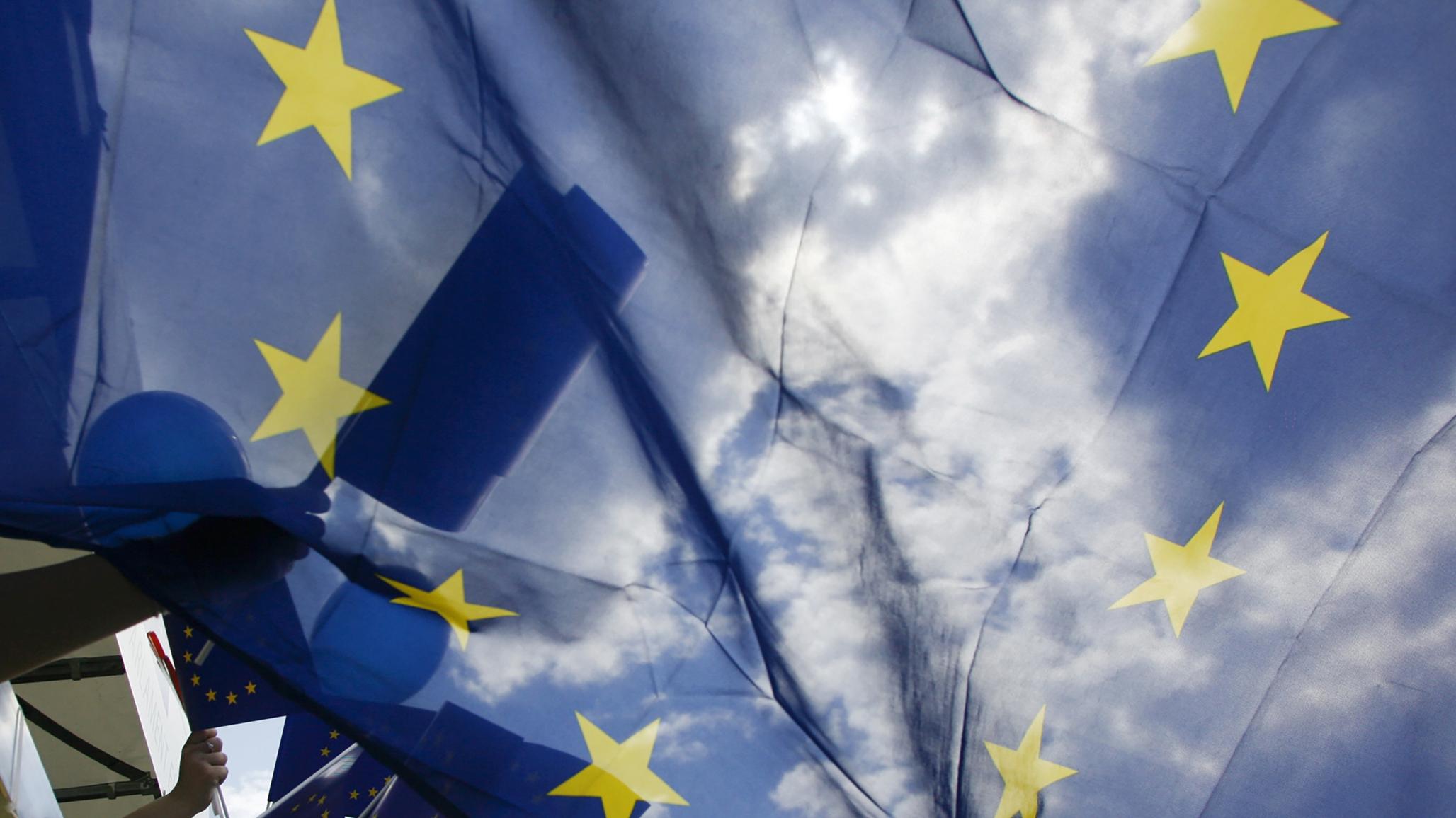 The EU flag is shown during an EU parage in Poland. May 2008. 