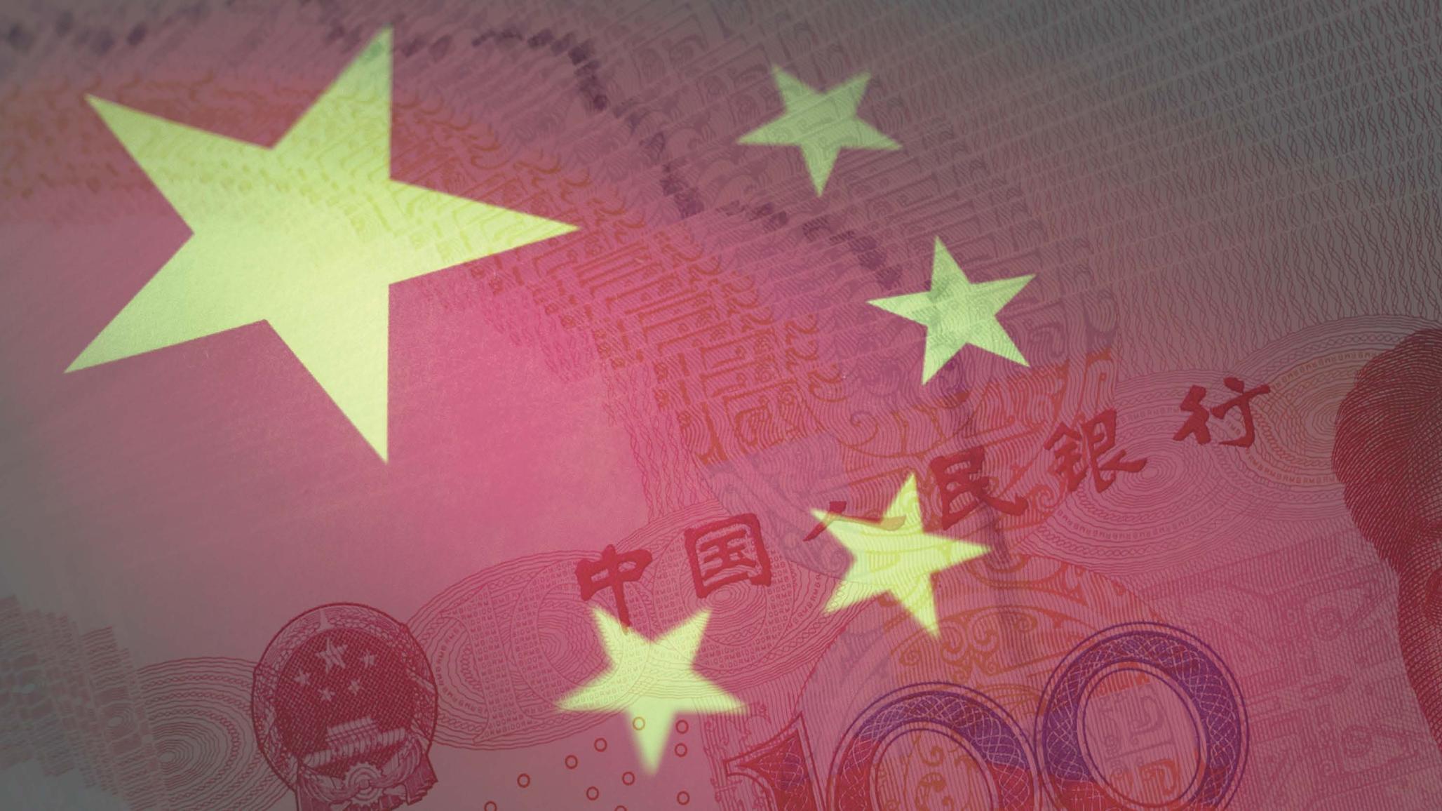 The Chinese flag and currency are displayed in this photo illustration. 
