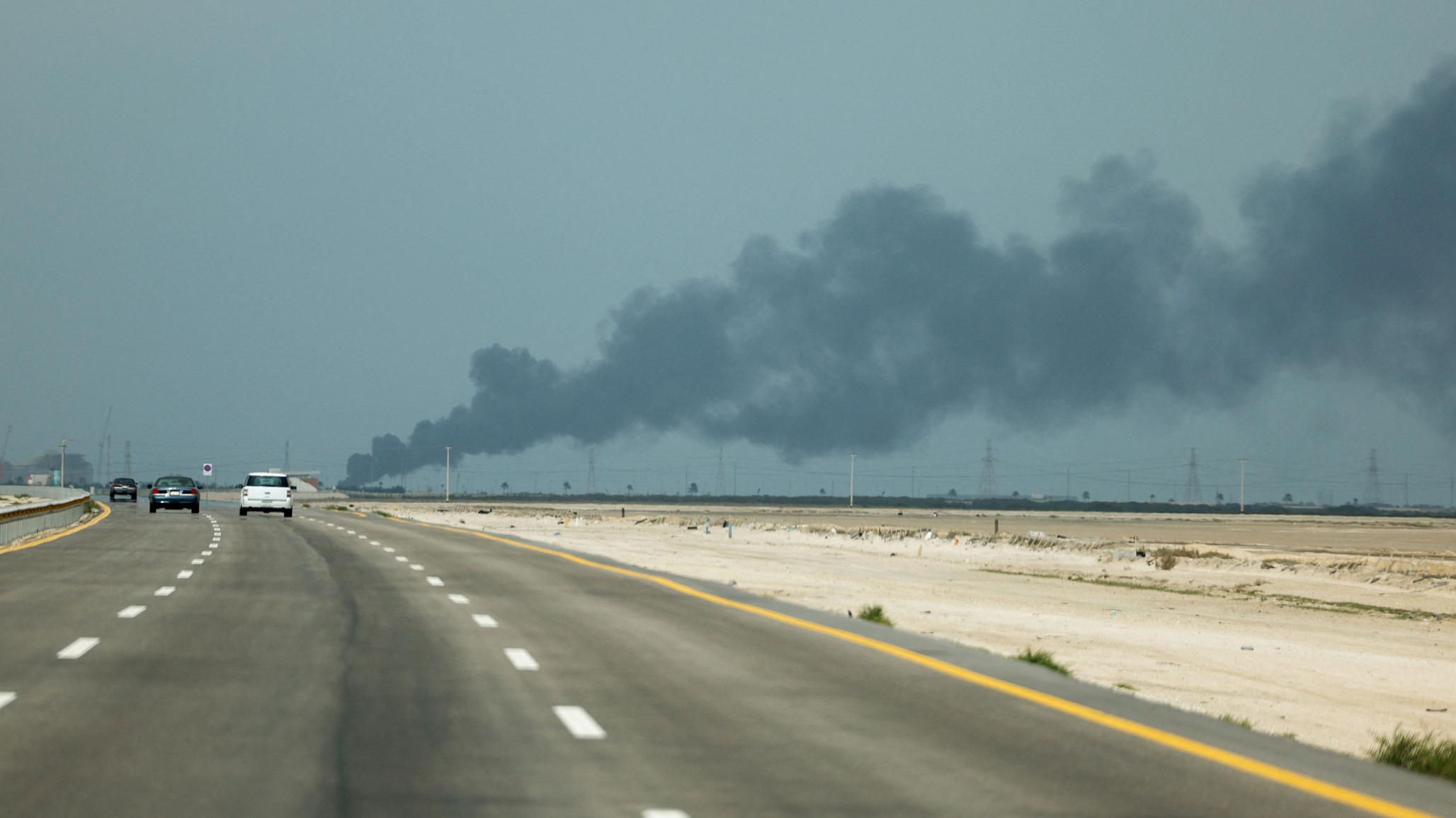 Smoke billows from the Ras Tanura oil refinery in Saudi Arabia after a reported Iranian drone strike, amid the US-Israel conflict with Iran. March 2026. 