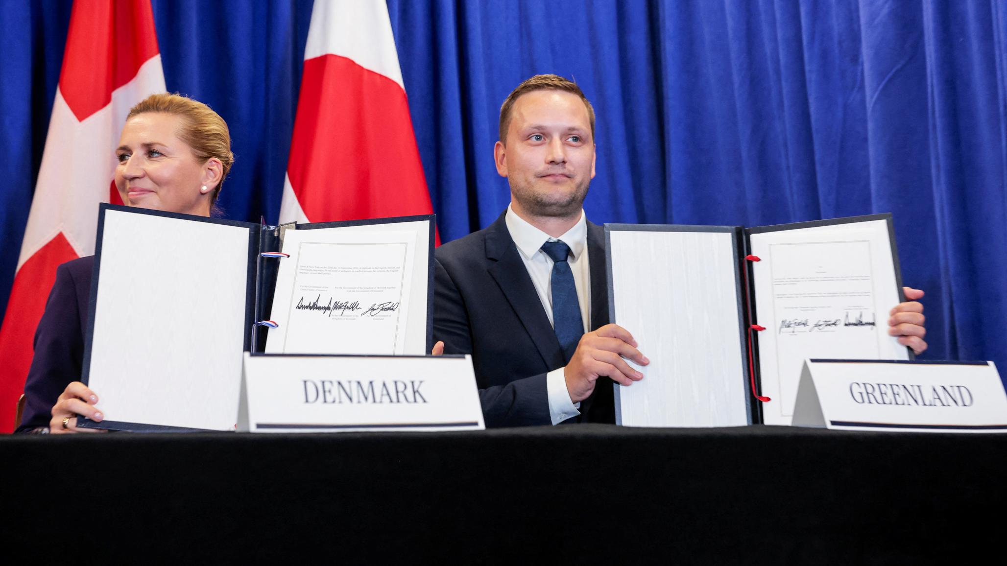 The Prime Ministers of Greenland and Denmark sign an agreement on Greenland's security with President Trump during the 81st UNGA, in New York City. September 2026. 